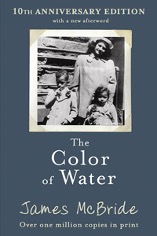Book cover for "The Color of Water" shows a black-and-white photo white woman with two mixed-race children, a boy and a girl, cira 1940s. 