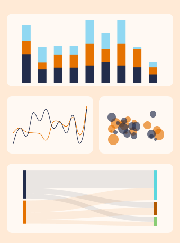 An illustration showing four different kinds of charts/graphs: a stacked column chart, small multiples, a bubble chart, and a bump area chart.