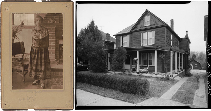 Left: A black and white 1917 portrait of poet Anne Spencer in her home. Left: a photo of Anne Spencer's house, a two-story Victorian with a wraparound front porch.