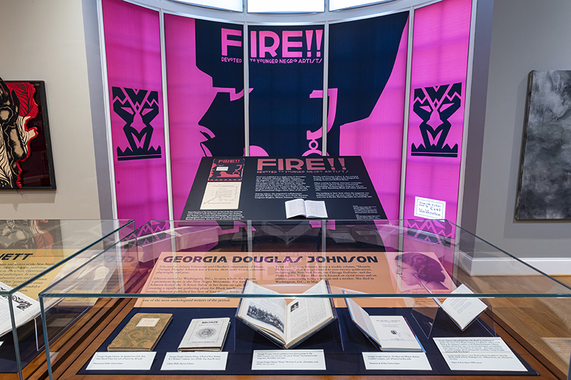A silkscreen of the cover of of FIRE!! (a Black literary magazine published in 1926) covering a window in the exhibition space. Silkscreen is pink with modernist/African art of a woman's profile and abstract designs beside her.