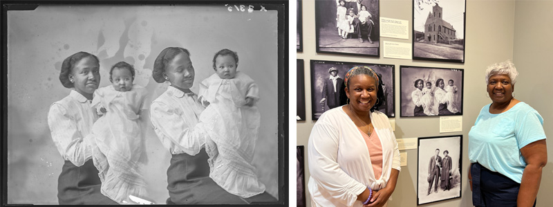 On the left: a 1914 black and white portrait of a Black woman and female baby dressed in fine clothes. On the right, two Black women pose in front of the portrait on the left in the exhibition gallery.