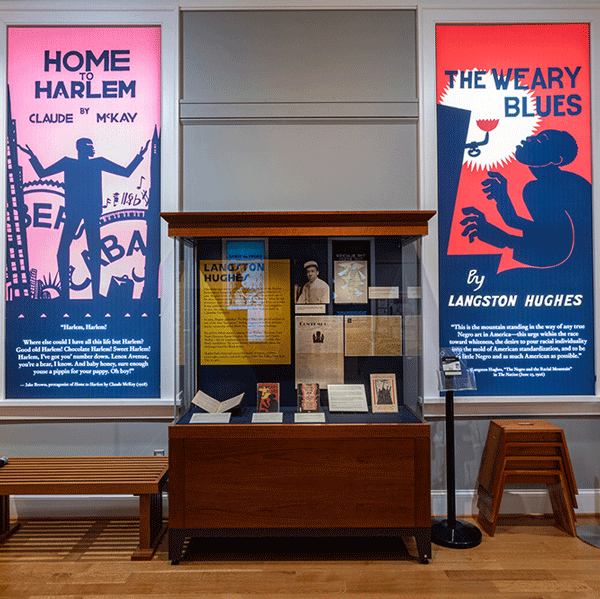 Two tall posters side by side. One is pink and blue and reads ‘Home to Harlem by Claude McKay’, the other is red, white, and black and reads ‘The Weary Blues by Langston Hughes’