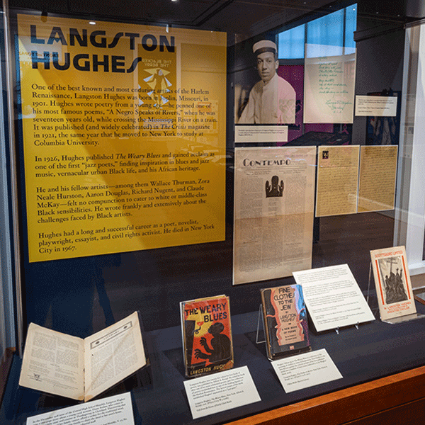 A case containing books and papers, labeled Langston Hughes. 