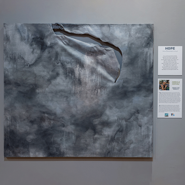 A black and gray canvas with a large gash, by Abreale Hopkins. Titled Above The Heights. 