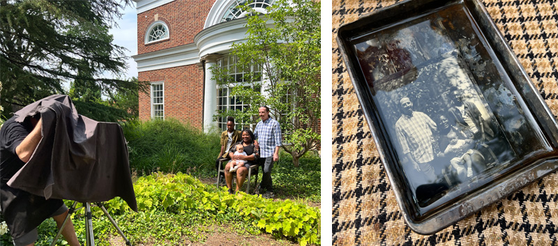 Left: a family (man, woman, teen daughter, and baby) poses for a tintype portrait outside the Special Collections Library. Right: an image of the tintype portrait being developed in clear liquid.