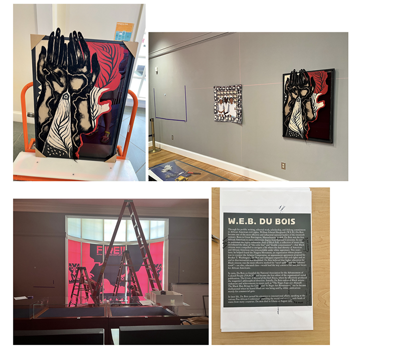 Four photos show art being installed for the Harlem Renaissance exhibition.